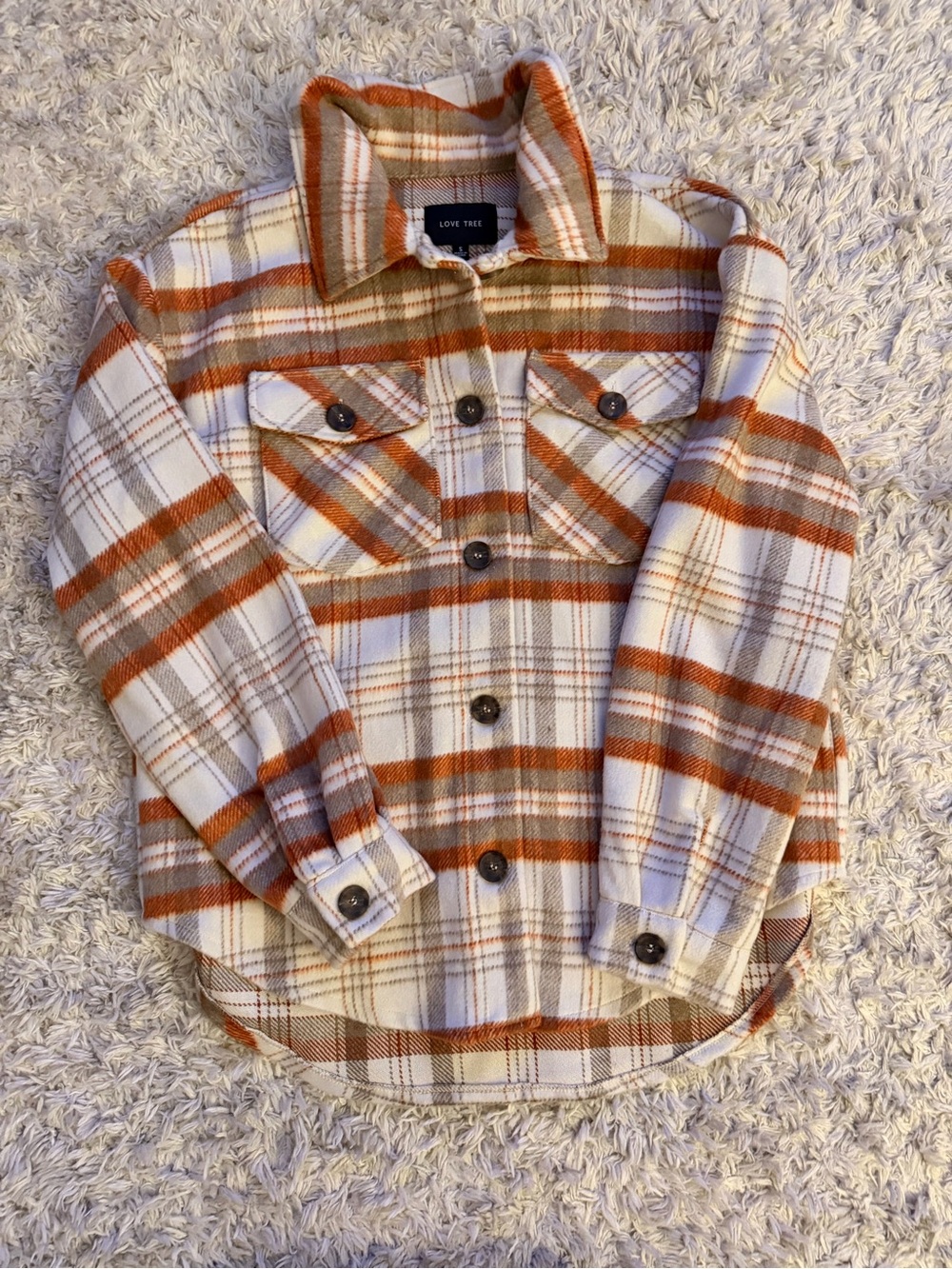 Love Tree Women’s Rust Orange and Cream Plaid Shacket